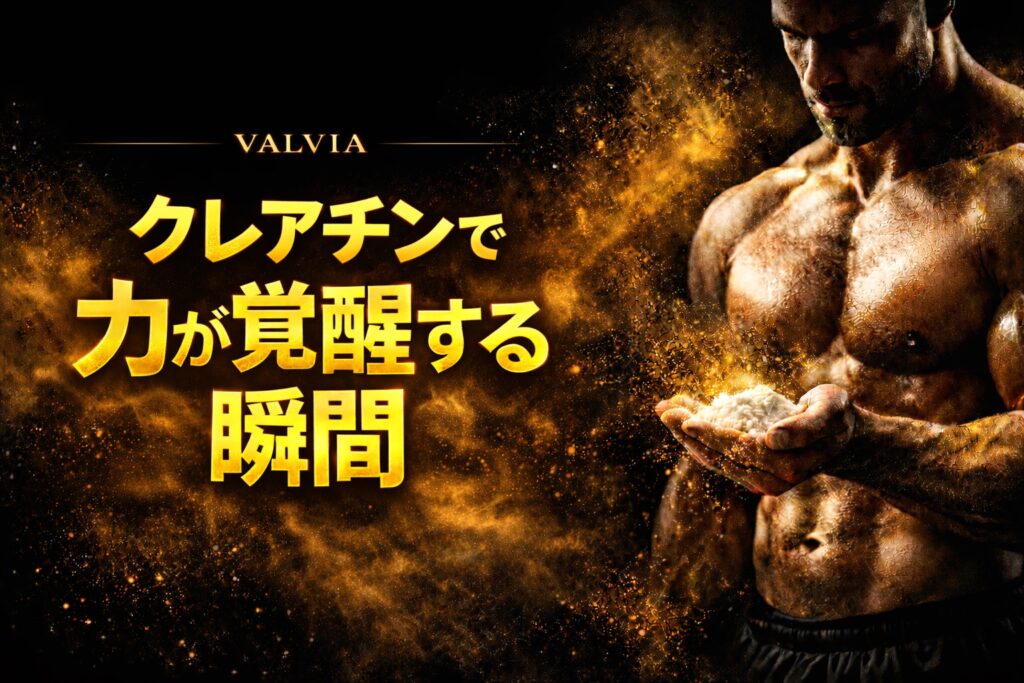 クレアチンで力が覚醒する瞬間を表現した黒と金のVALVIAイメージビジュアル。筋肉質な男性がクレアチン粉末を手に持ち、金の粒子が舞い上がるデザイン。